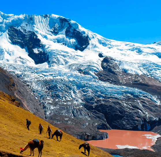 Ausangate trek 3 days – Andean Top hikers walking beside glaciers and red lagoon in the Andes.