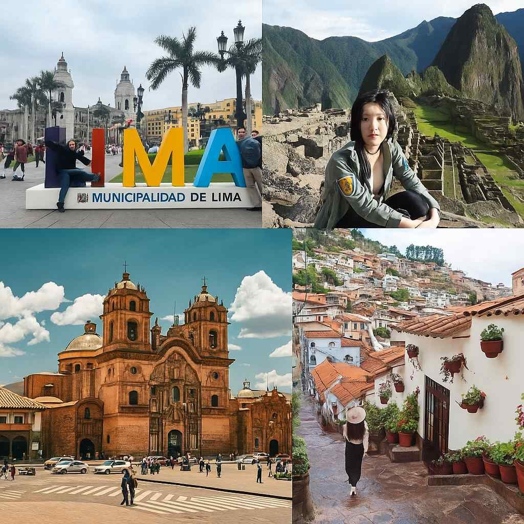 Magical Peru 5 Days collage showing Lima, Cusco’s cathedral, San Blas viewpoint, and a traveler at Machu Picchu